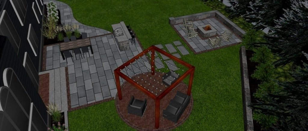 Overhead view of a paved terrace with a circular fire pit and a curved walk.