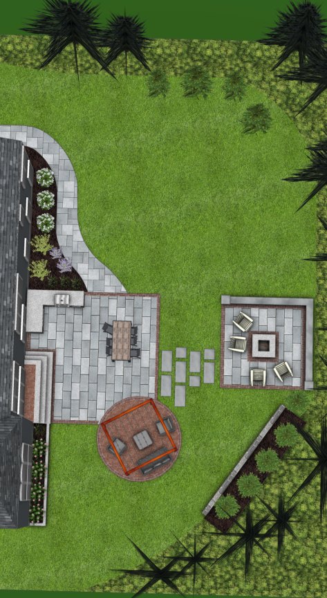 A Mayo landscape plan modelled to scale, showing a paver terrace, a fire pit area, seat walls and planting beds.