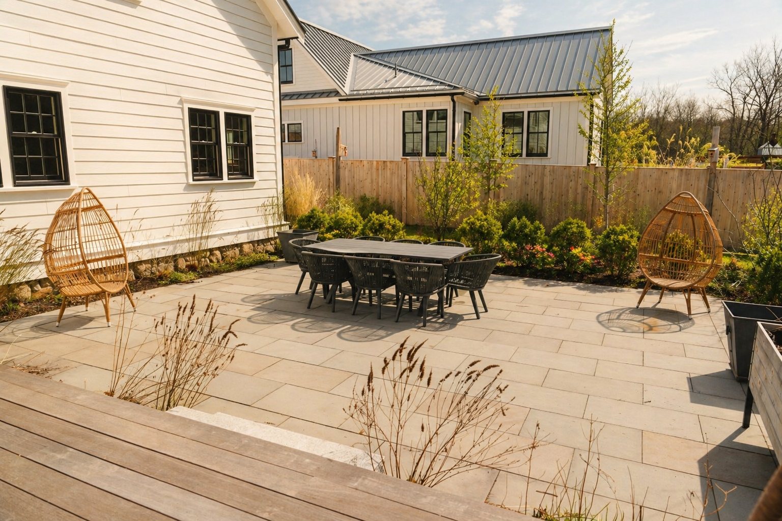 A large paver terrace with a dining set and woven chairs beside a white farmhouse.