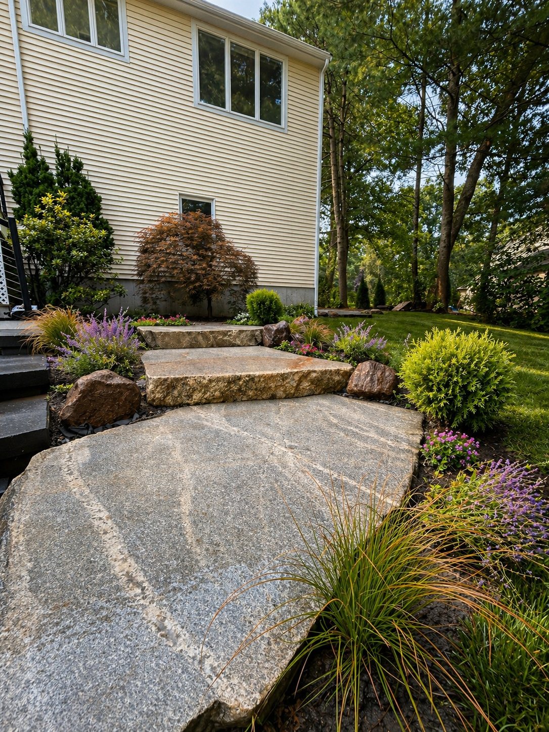 Thick natural stone slab steps set into a planted bed, flanked by boulders and grasses beside a house.